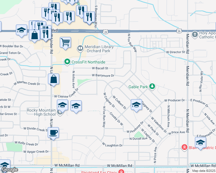 map of restaurants, bars, coffee shops, grocery stores, and more near 996 West Cagney Drive in Meridian