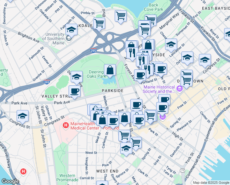 map of restaurants, bars, coffee shops, grocery stores, and more near 47 Park Avenue in Portland