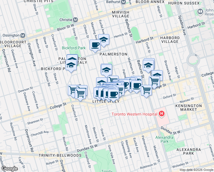 map of restaurants, bars, coffee shops, grocery stores, and more near 404 Manning Avenue in Toronto