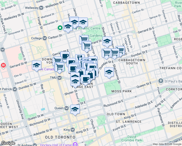 map of restaurants, bars, coffee shops, grocery stores, and more near 159 Dundas Street East in Toronto