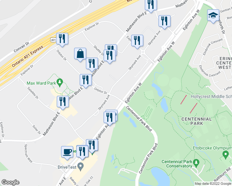 map of restaurants, bars, coffee shops, grocery stores, and more near 5045 Orbitor Drive in Mississauga