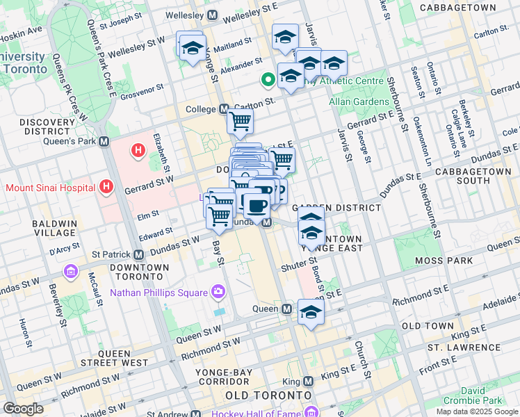 map of restaurants, bars, coffee shops, grocery stores, and more near 323 Yonge Street in Toronto
