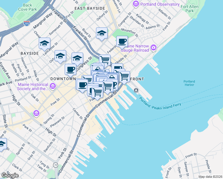 map of restaurants, bars, coffee shops, grocery stores, and more near 2 Milk Street in Portland