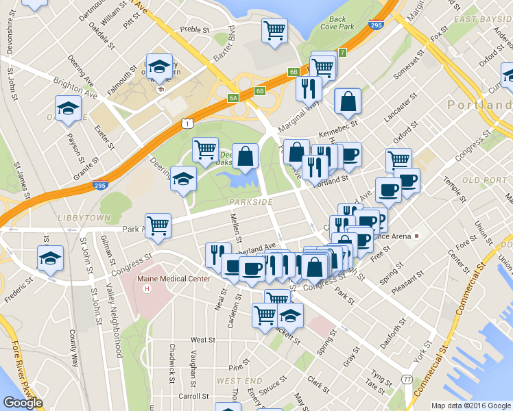 map of restaurants, bars, coffee shops, grocery stores, and more near 47 Park Avenue in Portland