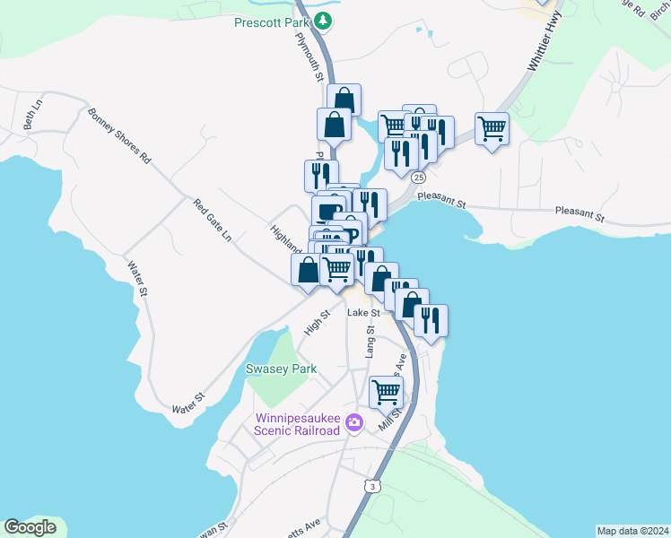 map of restaurants, bars, coffee shops, grocery stores, and more near 44 Main Street in Meredith
