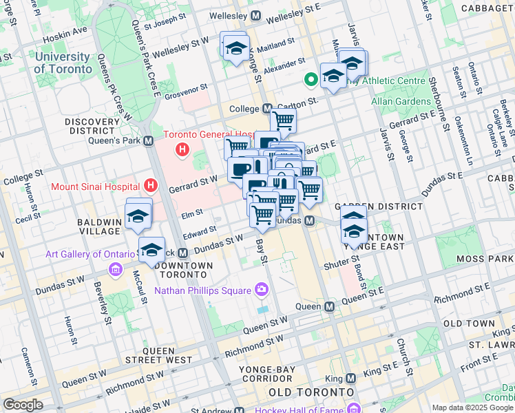 map of restaurants, bars, coffee shops, grocery stores, and more near in Toronto