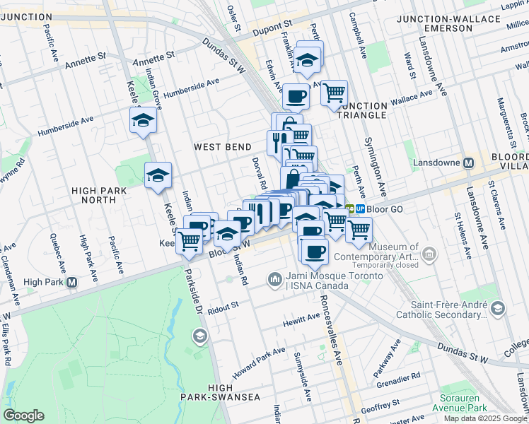 map of restaurants, bars, coffee shops, grocery stores, and more near in Toronto