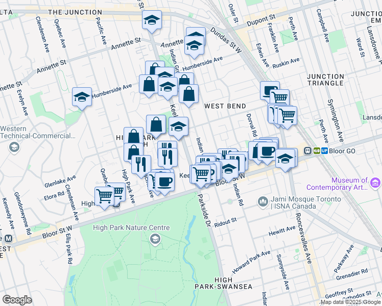 map of restaurants, bars, coffee shops, grocery stores, and more near in Toronto