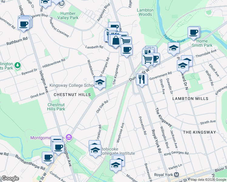 map of restaurants, bars, coffee shops, grocery stores, and more near in Toronto