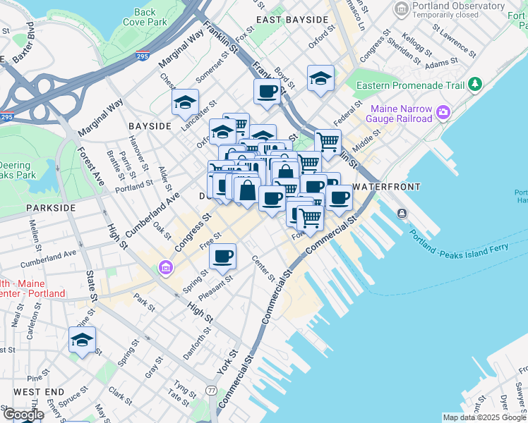 map of restaurants, bars, coffee shops, grocery stores, and more near 1 City Center in Portland