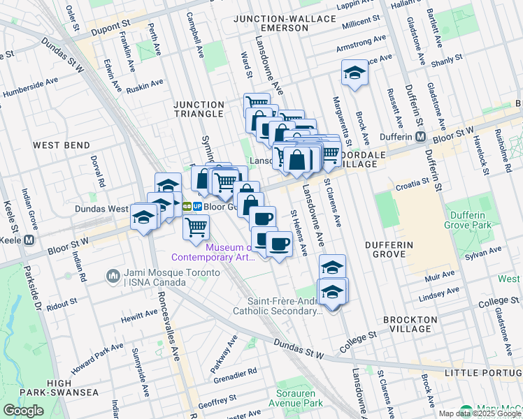 map of restaurants, bars, coffee shops, grocery stores, and more near 50 Merchant Lane in Toronto