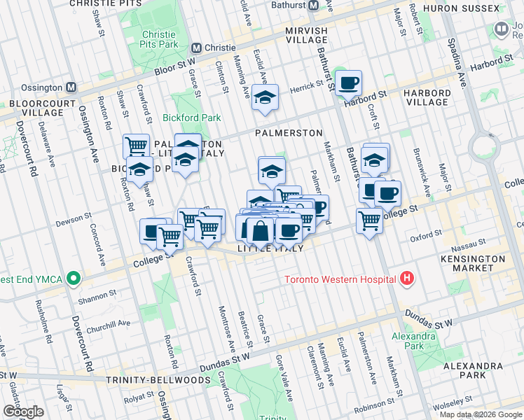 map of restaurants, bars, coffee shops, grocery stores, and more near 99 Clinton Street in Toronto