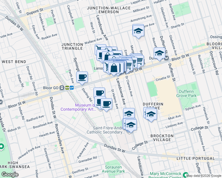 map of restaurants, bars, coffee shops, grocery stores, and more near 284 Saint Helens Avenue in Toronto