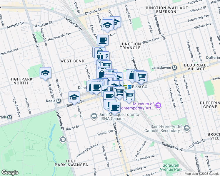 map of restaurants, bars, coffee shops, grocery stores, and more near 2340 Dundas Street West in Toronto