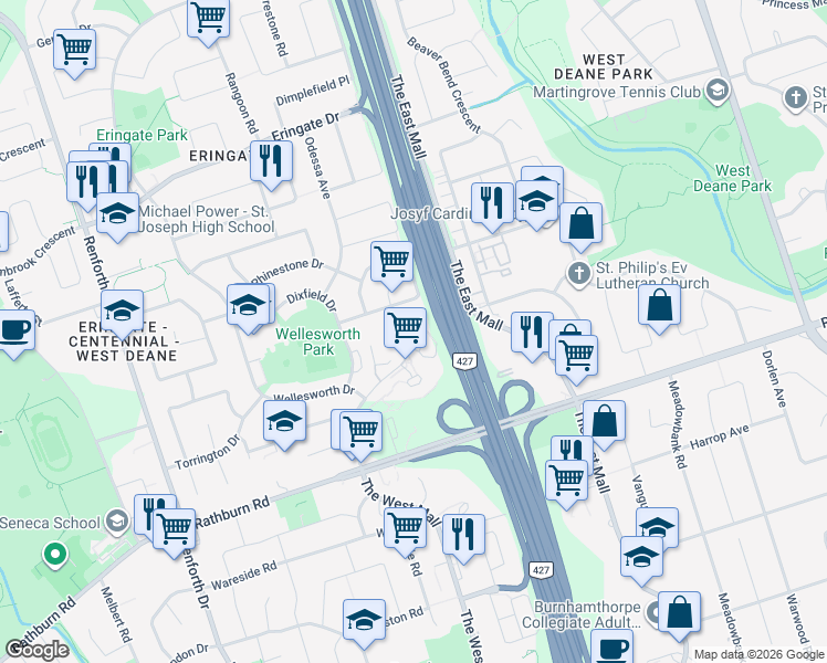map of restaurants, bars, coffee shops, grocery stores, and more near 714 The West Mall in Toronto