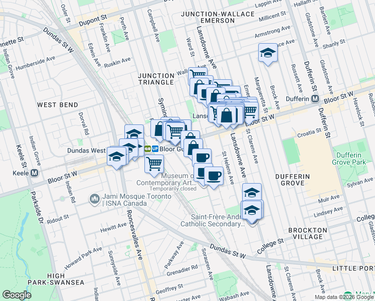 map of restaurants, bars, coffee shops, grocery stores, and more near 1 Ruttan Street in Toronto