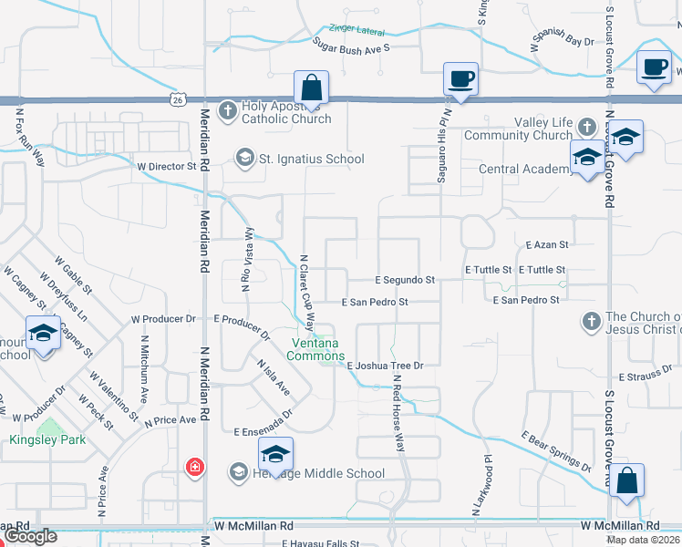 map of restaurants, bars, coffee shops, grocery stores, and more near 5857 North Red Hills Place in Meridian