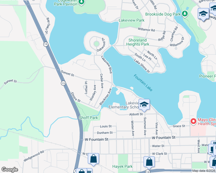 map of restaurants, bars, coffee shops, grocery stores, and more near 1401 Sunset Street in Albert Lea