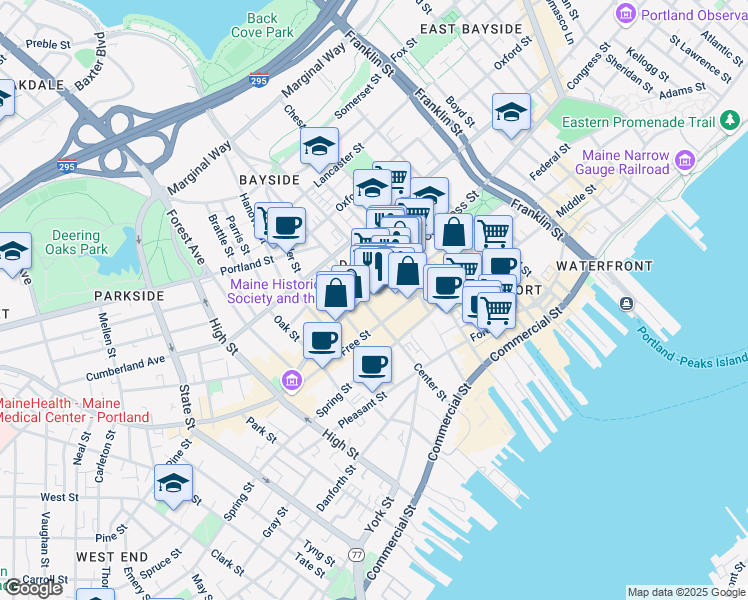 map of restaurants, bars, coffee shops, grocery stores, and more near 2 Monument Square in Portland