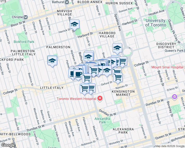 map of restaurants, bars, coffee shops, grocery stores, and more near 74 Lippincott Street in Toronto