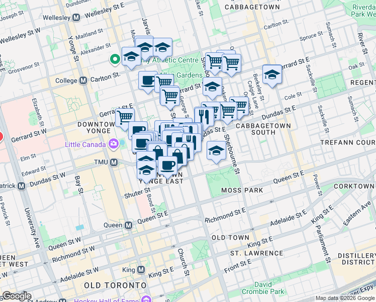 map of restaurants, bars, coffee shops, grocery stores, and more near 181 Dundas Street East in Toronto