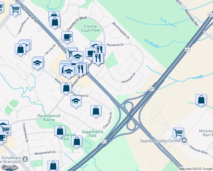 map of restaurants, bars, coffee shops, grocery stores, and more near 60 Merganser Crescent in Brampton
