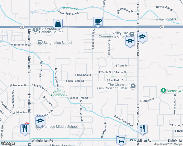 map of restaurants, bars, coffee shops, grocery stores, and more near 5822 North Saguaro Hills Place in Meridian