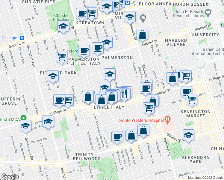 map of restaurants, bars, coffee shops, grocery stores, and more near 404 Manning Avenue in Toronto