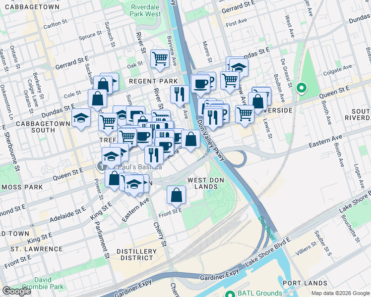 map of restaurants, bars, coffee shops, grocery stores, and more near 51 Trolley Crescent in Toronto