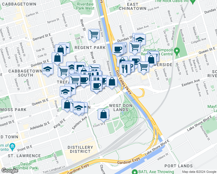 map of restaurants, bars, coffee shops, grocery stores, and more near in Toronto