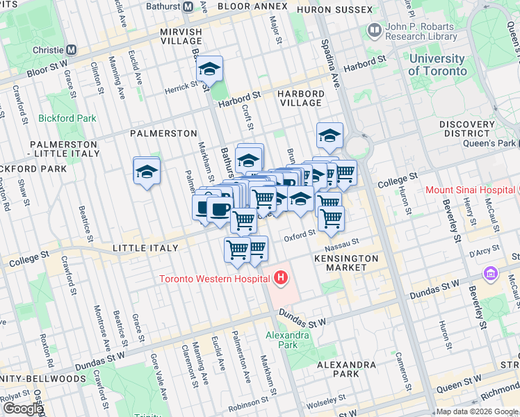 map of restaurants, bars, coffee shops, grocery stores, and more near 74 Lippincott Street in Toronto