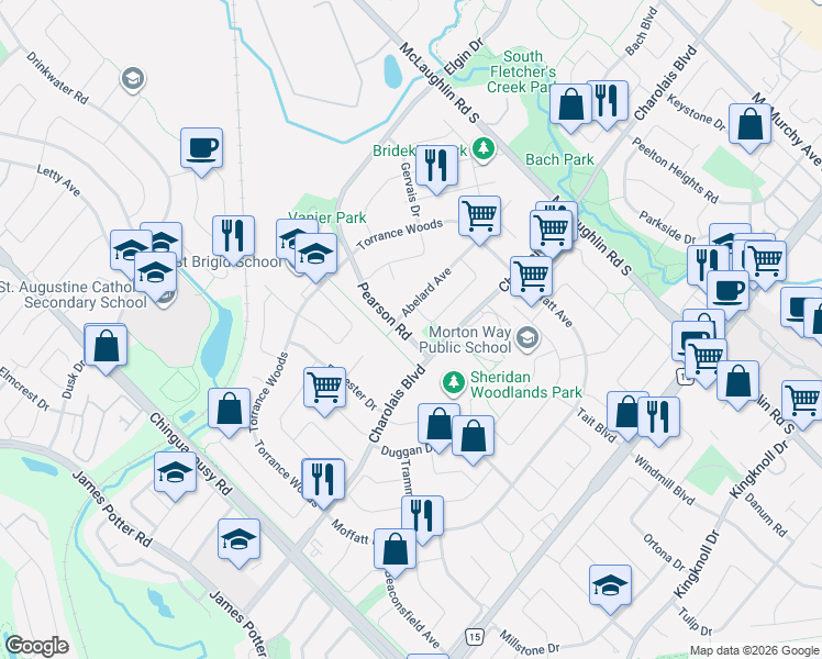 map of restaurants, bars, coffee shops, grocery stores, and more near 11 Pearson Road in Brampton
