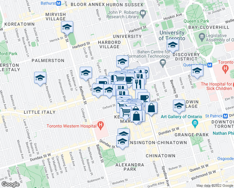 map of restaurants, bars, coffee shops, grocery stores, and more near 282 Augusta Avenue in Toronto