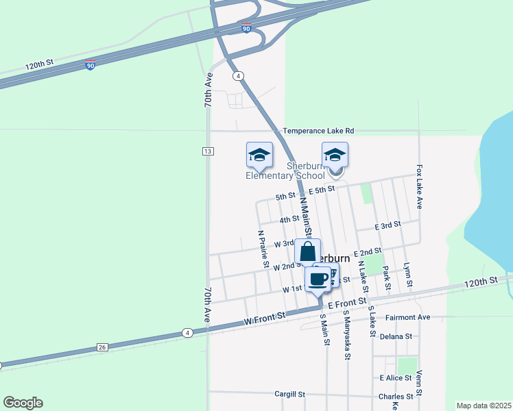 map of restaurants, bars, coffee shops, grocery stores, and more near 105 5th Street in Sherburn