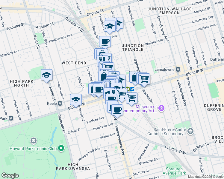 map of restaurants, bars, coffee shops, grocery stores, and more near 2350 Dundas Street West in Toronto