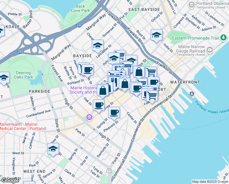 map of restaurants, bars, coffee shops, grocery stores, and more near 2 Monument Square in Portland