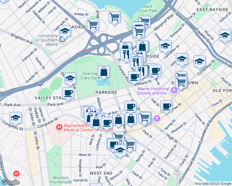 map of restaurants, bars, coffee shops, grocery stores, and more near 47 Park Avenue in Portland