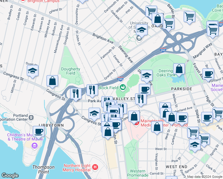 map of restaurants, bars, coffee shops, grocery stores, and more near 144 Washburn Avenue in Portland