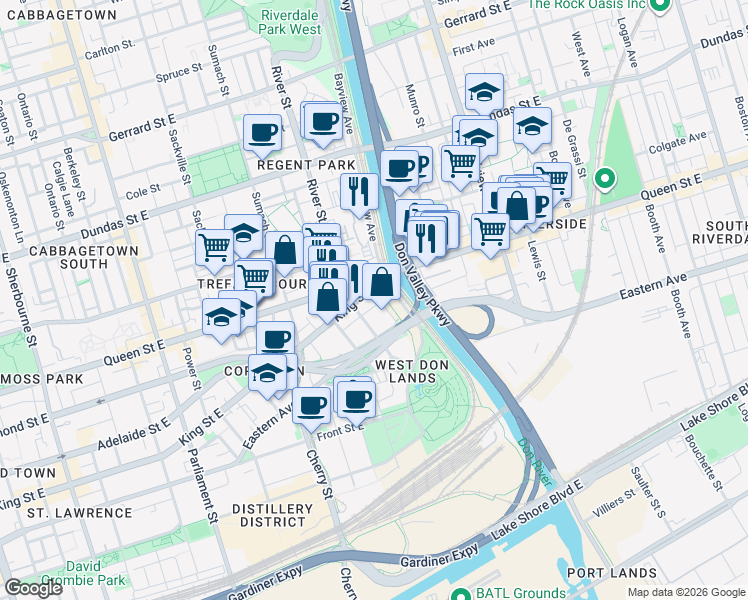map of restaurants, bars, coffee shops, grocery stores, and more near 579 Queen Street East in Toronto