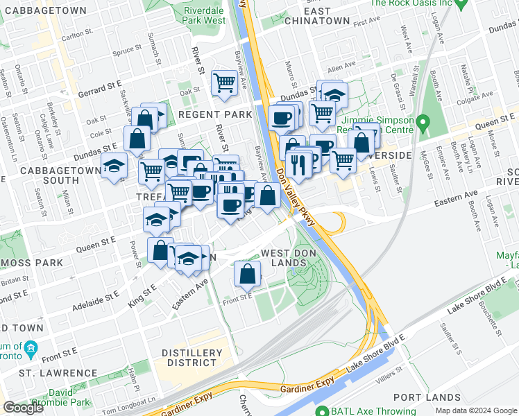 map of restaurants, bars, coffee shops, grocery stores, and more near None in Toronto