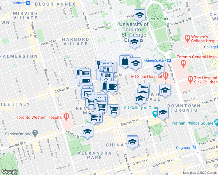 map of restaurants, bars, coffee shops, grocery stores, and more near 438 Spadina Avenue in Toronto