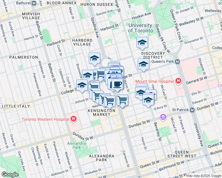 map of restaurants, bars, coffee shops, grocery stores, and more near 438 Spadina Avenue in Toronto