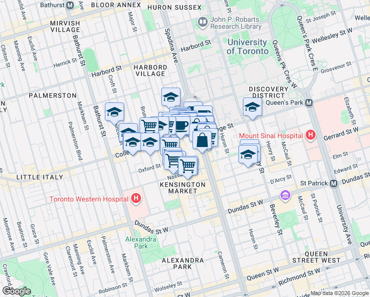 map of restaurants, bars, coffee shops, grocery stores, and more near 32 D Oxford Street in Toronto