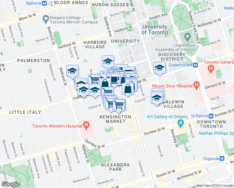 map of restaurants, bars, coffee shops, grocery stores, and more near 32 D Oxford Street in Toronto