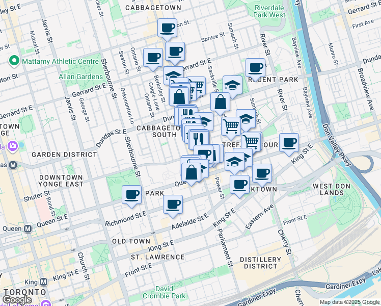 map of restaurants, bars, coffee shops, grocery stores, and more near in Toronto
