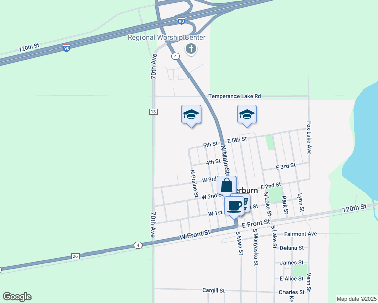 map of restaurants, bars, coffee shops, grocery stores, and more near 105 5th Street in Sherburn