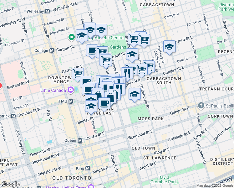 map of restaurants, bars, coffee shops, grocery stores, and more near 181 Dundas Street East in Toronto