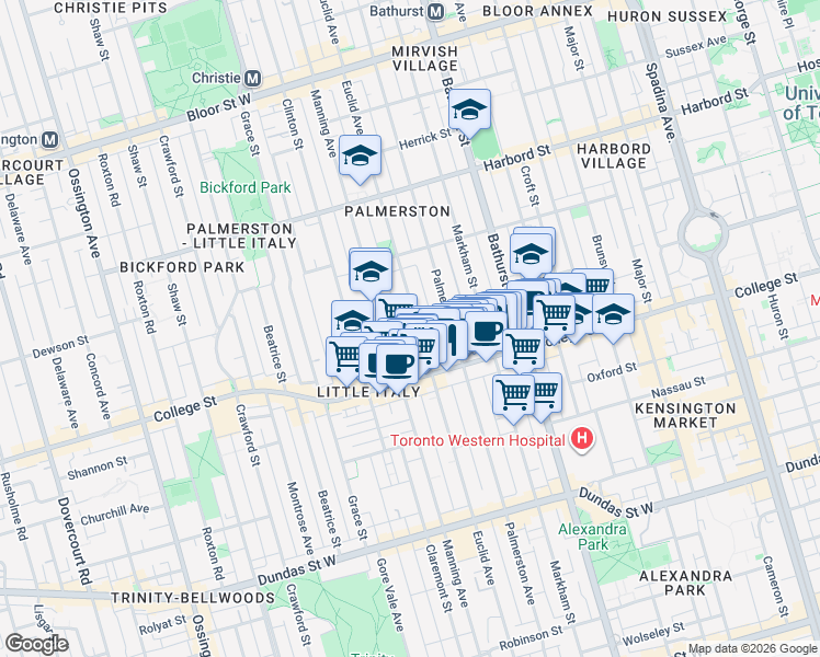 map of restaurants, bars, coffee shops, grocery stores, and more near in Toronto
