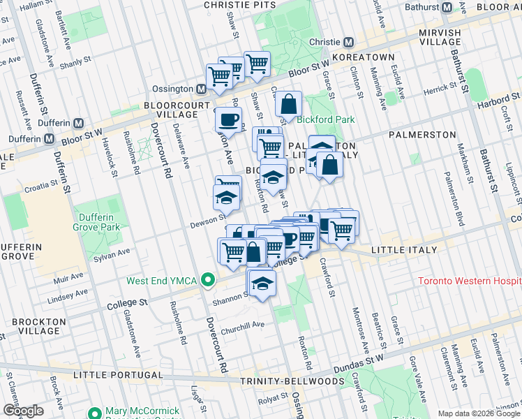 map of restaurants, bars, coffee shops, grocery stores, and more near 328 Roxton Road in Toronto