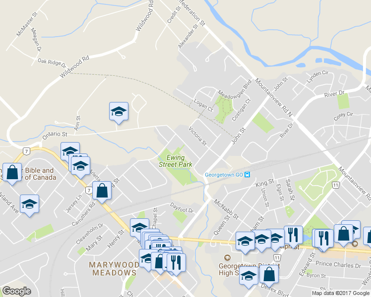 map of restaurants, bars, coffee shops, grocery stores, and more near 17 Ontario Street in Halton Hills